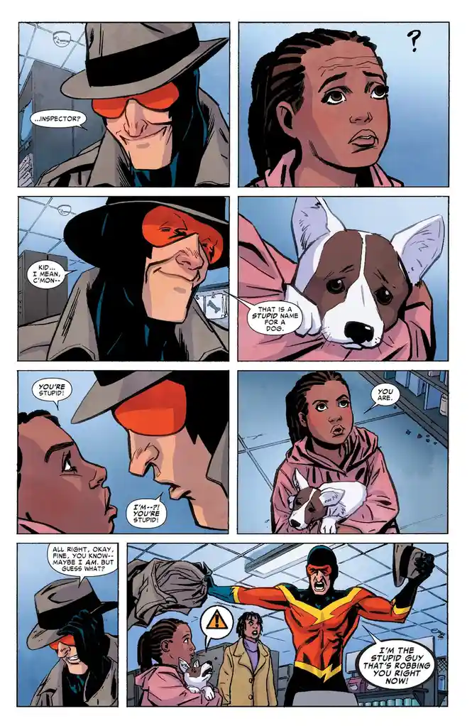 A comic strip panel shows a masked man in a fedora and red goggles calling a young girl 'stupid' for naming her dog…