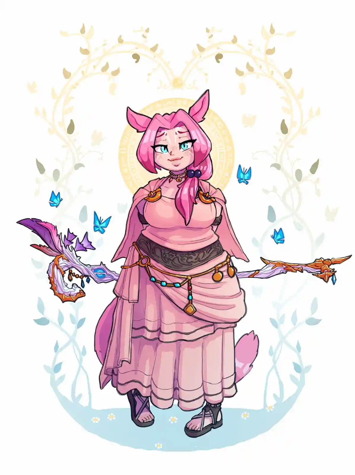 A pink-haired, fox-eared anime-style character in a layered pink outfit stands confidently with a staff and ornate weapon…