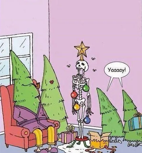 A cartoon skeleton wearing a Christmas star on its head and colorful ornaments stands excitedly in a room decorated with…