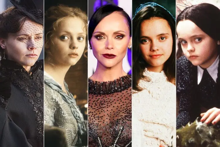 A vertical collage of five images showing actress Christina Ricci in different roles: as a Victorian-era woman with a black…