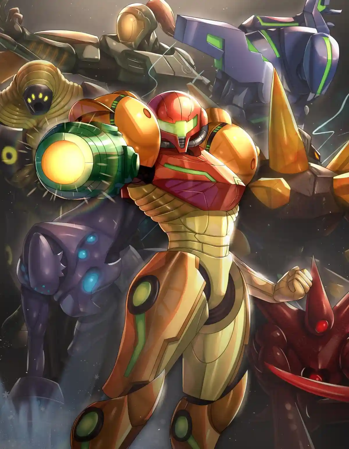 A dynamic anime-style illustration shows Samus Aran in her iconic Power Suit, aiming a glowing green weapon forward with…