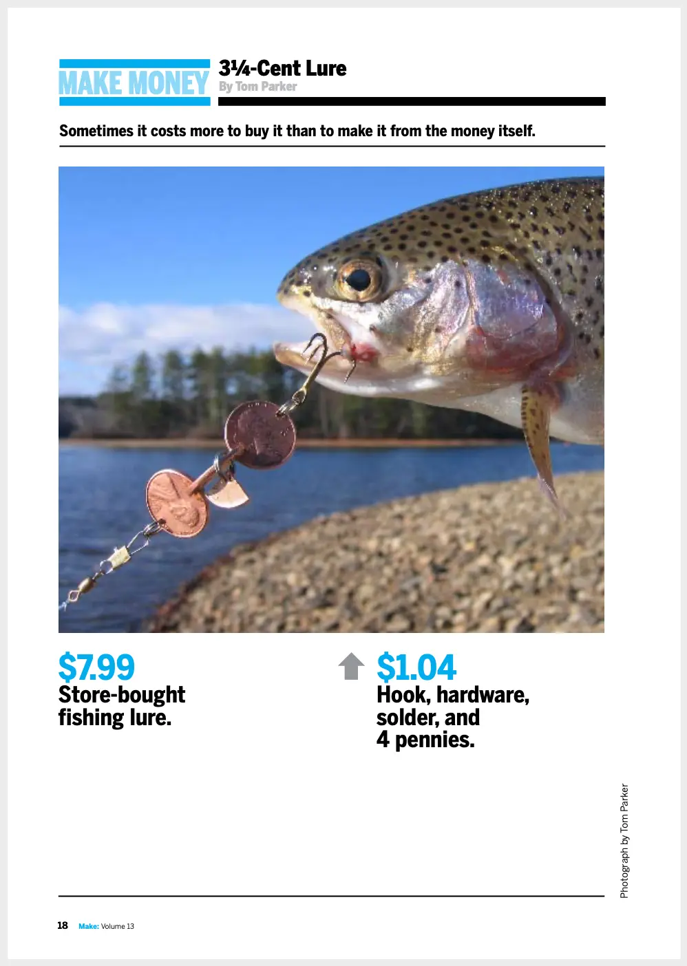 A trout is caught on a fishing lure made from four pennies, a hook, and hardware, priced at $1.04, compared to a…