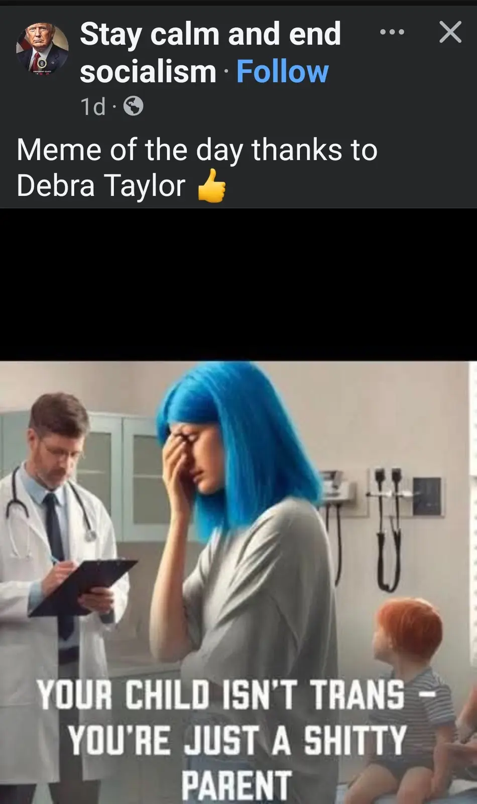 A woman with bright blue hair stands in a doctor's office, looking distressed while covering her face with one hand. A male…