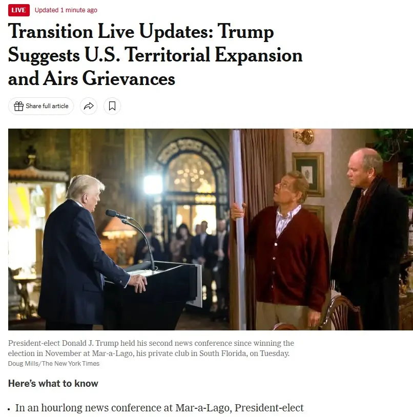 A split-screen image shows Donald Trump at a podium giving a news conference on the left, and on the right, two men from the…