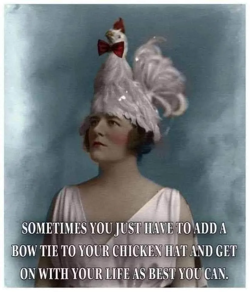A vintage-style portrait of a woman wearing an elaborate, tall hat shaped like a chicken, complete with a red bow tie on its…