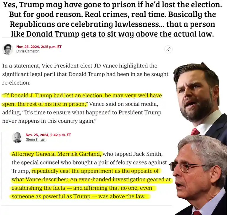 The image displays a screenshot of a news article with two highlighted quotes. The first, from JD Vance, states that Trump…