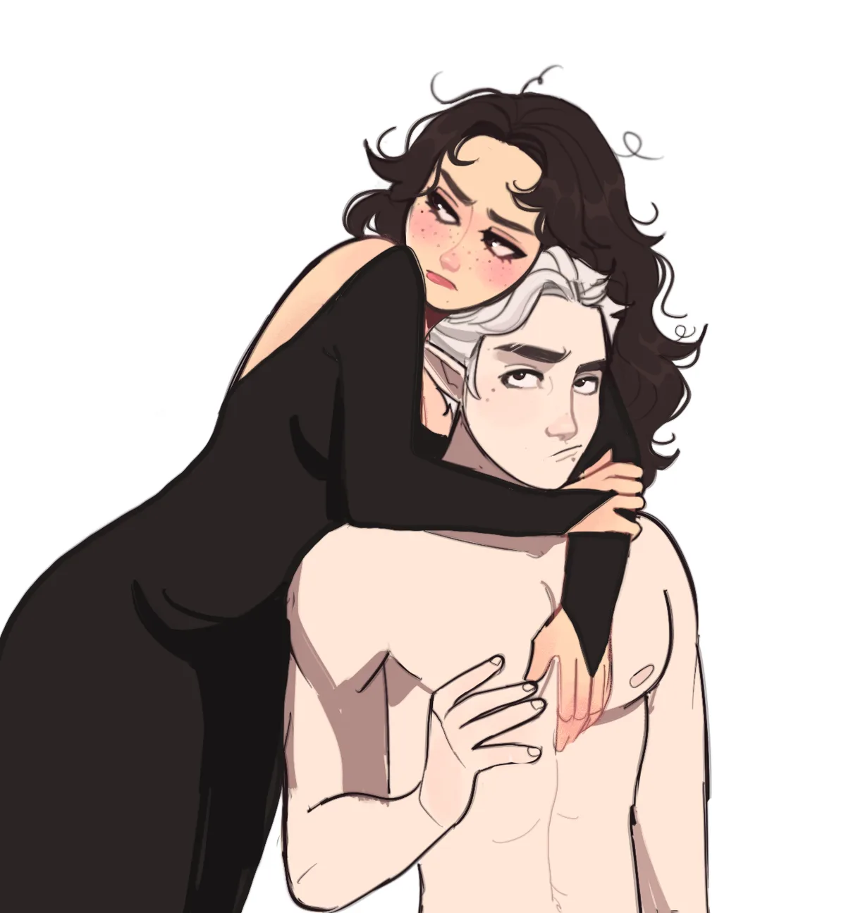 An anime-style illustration shows a woman with dark curly hair and freckles, wearing a black top, hugging a shirtless man…