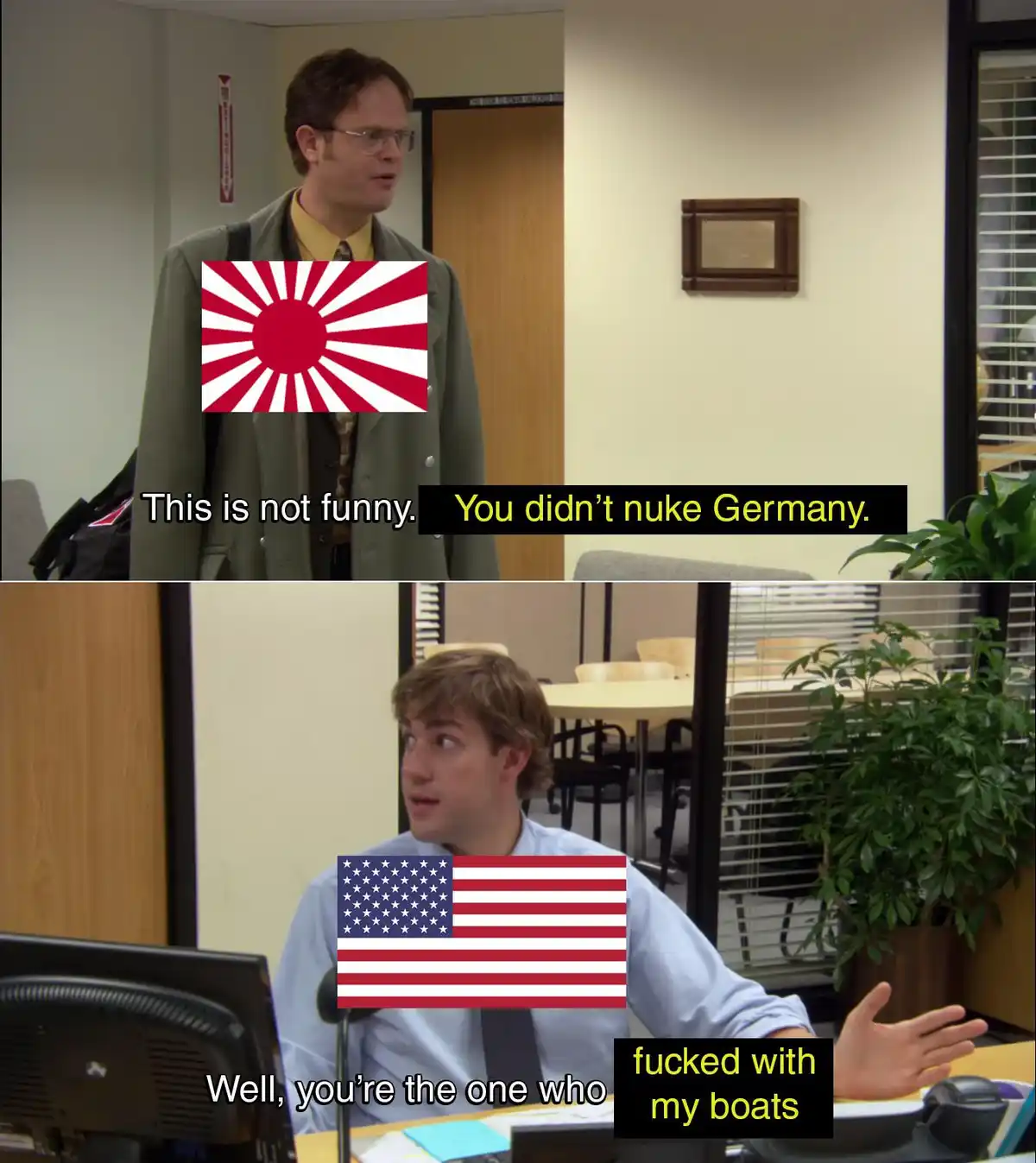 The top panel shows a man with a Japanese flag over his chest saying 'This is not funny.' The bottom panel shows another man…