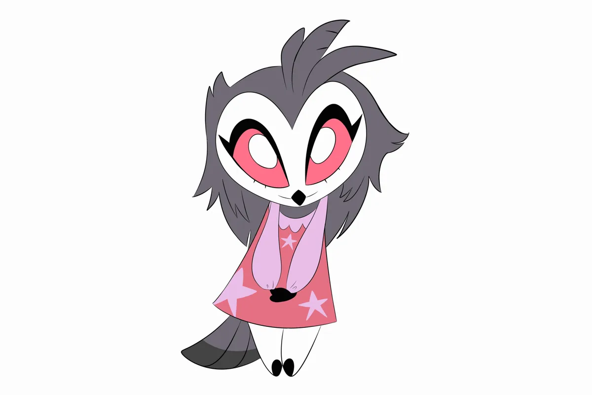 Six identical cartoon owl characters, each wearing a pink star-patterned dress, are arranged in two rows of three. The owl…