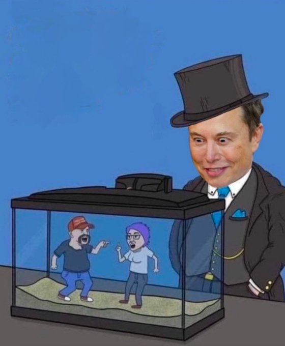 A man with Elon Musk's face wearing a top hat and suit stands beside a fish tank. Inside the tank, two cartoon characters—a…