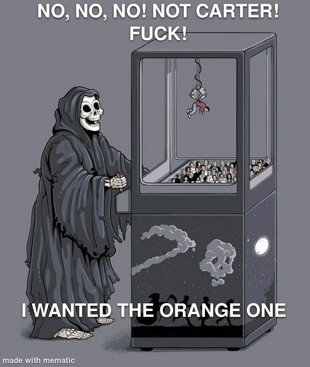 A cartoon depiction of the Grim Reaper standing beside a claw machine filled with people, looking distressed as a person in…