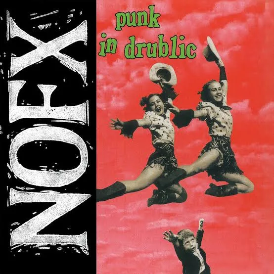 The image is split vertically: left side shows the word 'NOFX' in large white distressed font on black, right side shows a…