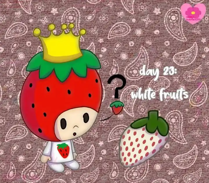A cartoon strawberry character wearing a yellow crown and a white t-shirt with a strawberry logo looks confused, with a…