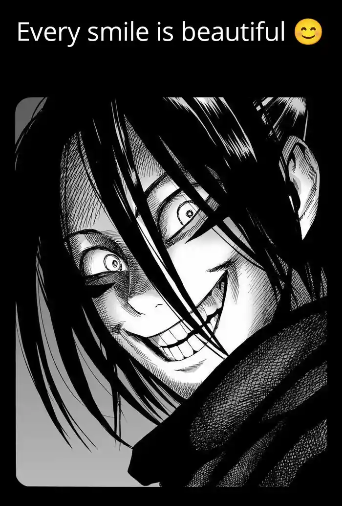 A black-and-white manga-style close-up of a character with wild, messy hair, wide eyes, and a wide, toothy grin that appears…