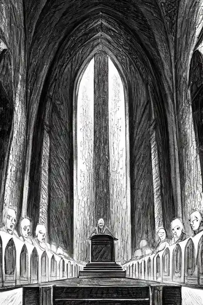 A black-and-white sketch depicts a solemn church interior with a preacher at a pulpit facing rows of pews. The congregation…