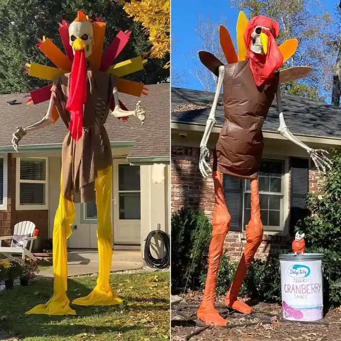 A split image shows a giant skeleton turkey decoration in a yard. Left panel: turkey has yellow legs and colorful tail…