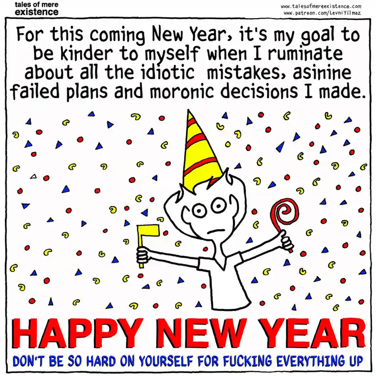 A cartoon drawing of a person wearing a yellow and red striped party hat, holding a lollipop and a small flag, surrounded by…