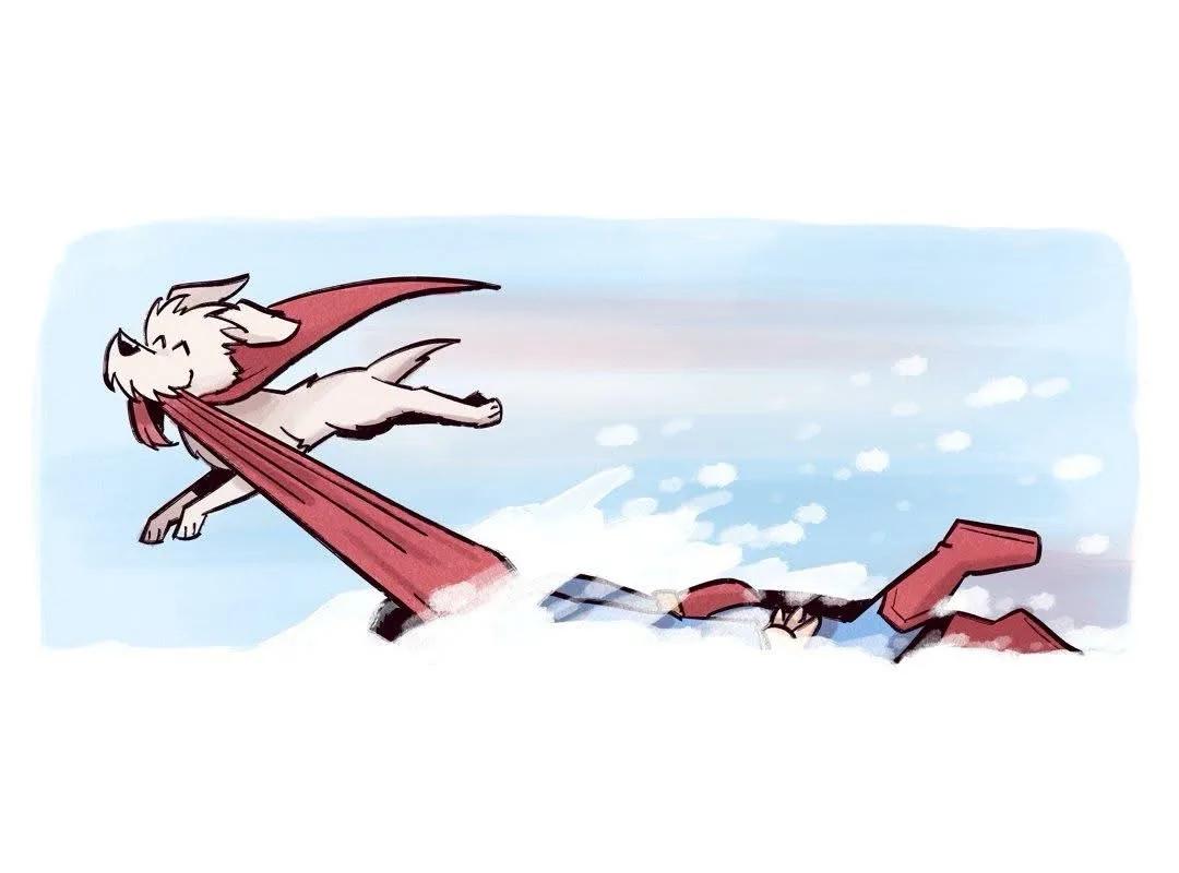 A cartoon white dog with a red cape is flying through the sky, dragging behind it a person in a red and black superhero…