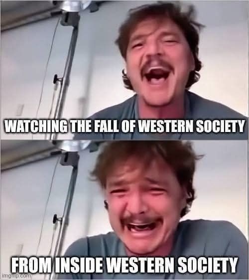 Two-panel image of a man with a mustache, first panel shows him laughing maniacally with text 'WATCHING THE FALL OF WESTERN…