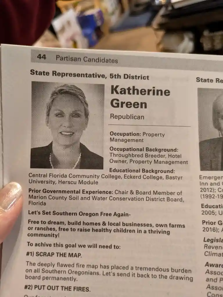 A close-up of a Florida state representative candidate's pamphlet showing Katherine Green, a Republican, with her photo and…