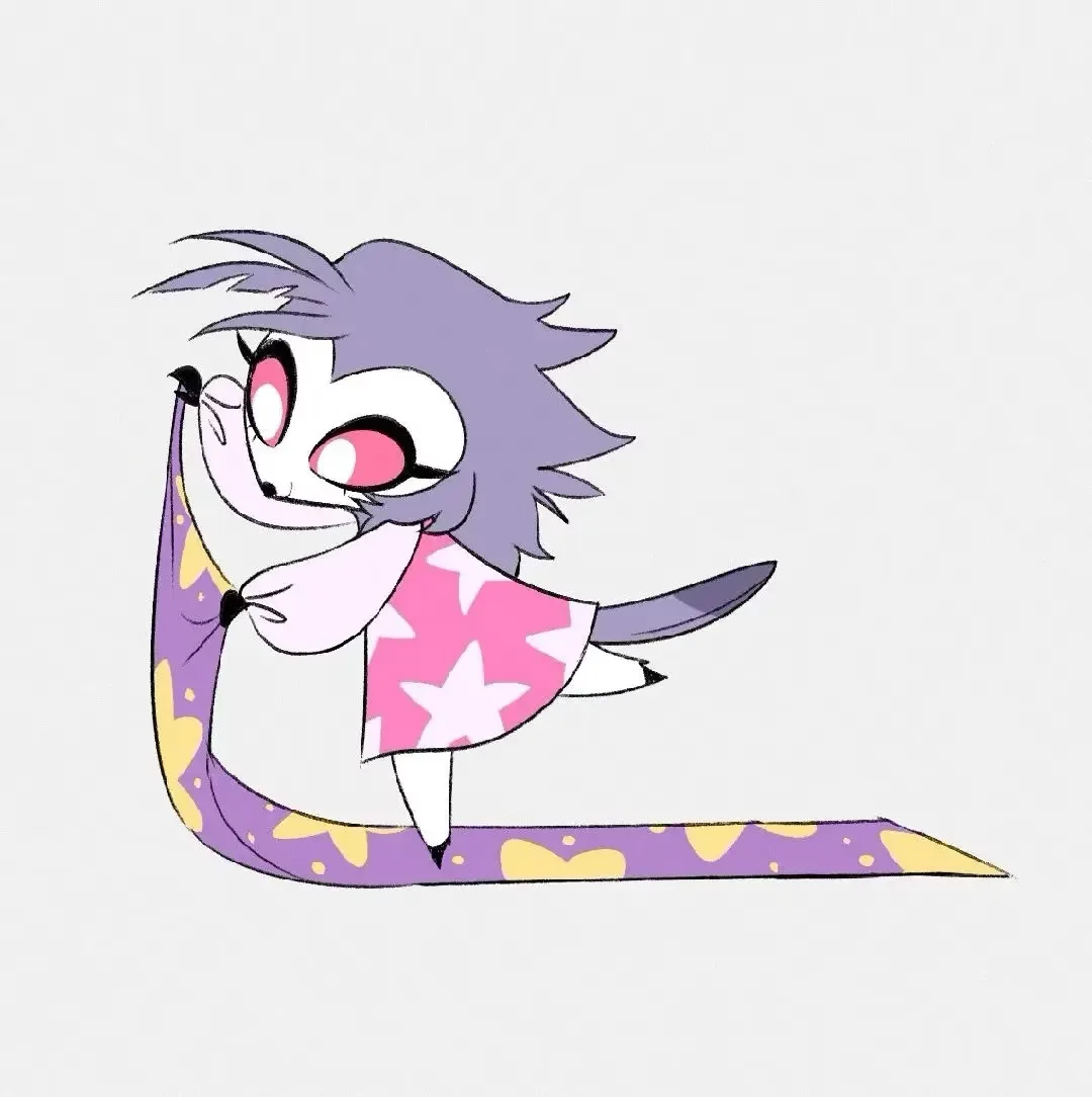 A cartoon snake with purple spiky hair, pink eyes, and a pink star-patterned shirt is curled up, looking at the viewer with…