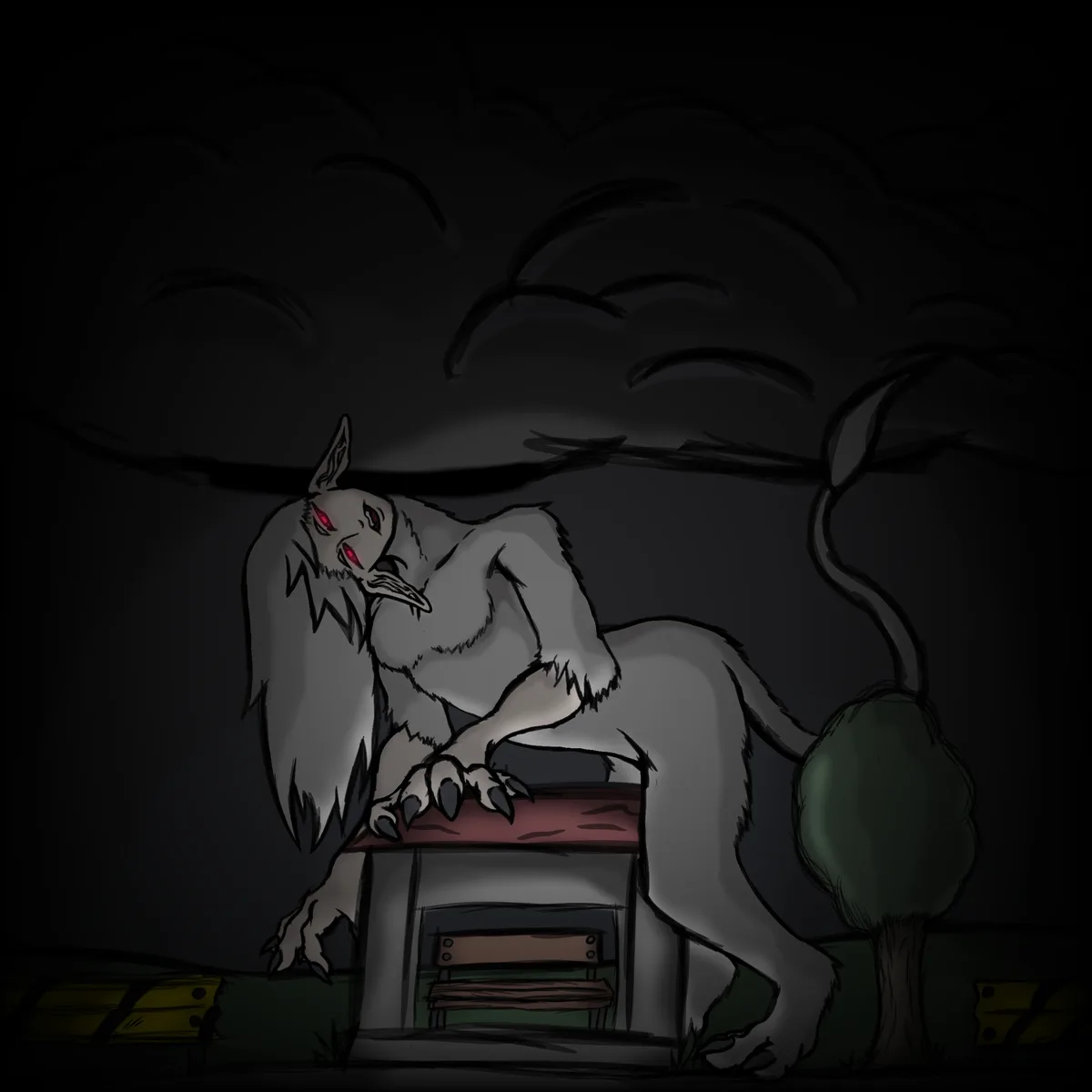 A cartoonish grey werewolf with glowing red eyes and sharp claws is perched atop a small, dark-colored doghouse at night…