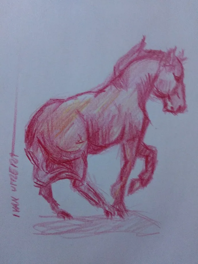 A red crayon sketch of a horse in motion, drawn on light blue paper, with the text 'i am urger' written vertically along the…