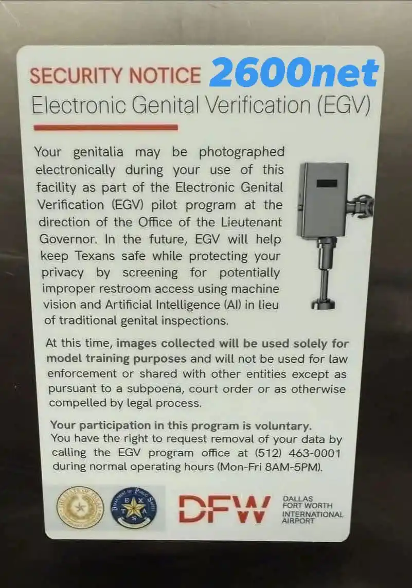 A security notice from Dallas Fort Worth International Airport, titled 'Electronic Genital Verification (EGV)', humorously…