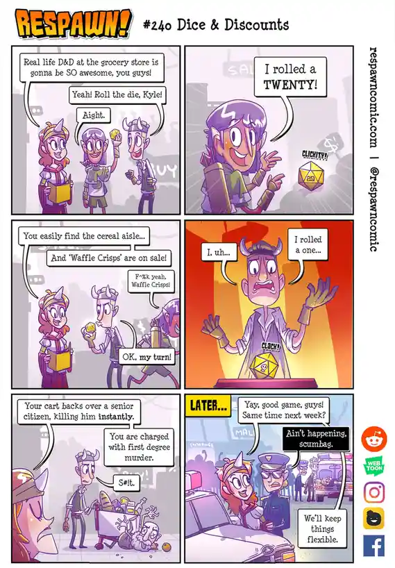 A six-panel comic strip from 'Respawn!' #240 'Dice & Discounts' shows three fantasy characters playing Dungeons & Dragons at…