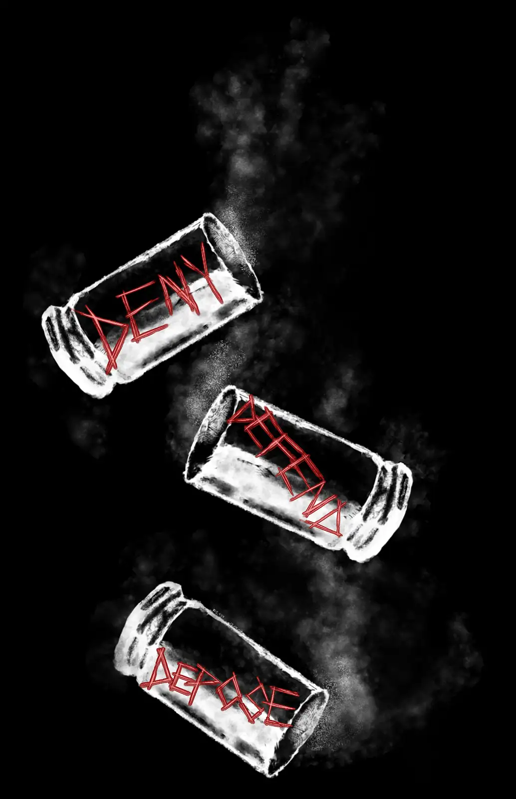 Three glass jars are shown tipping over against a black background, each spilling a white powder. Red handwritten text…