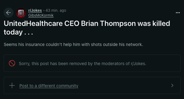 A screenshot of a Reddit post from r/Jokes, showing a user named GibsMcKormik's comment that reads 'UnitedHealthcare CEO…