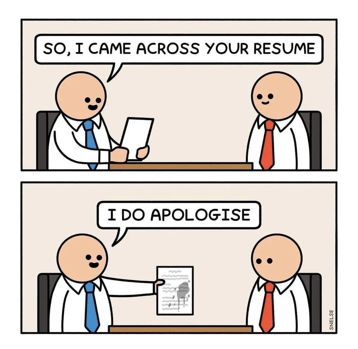 Two-panel comic shows a hiring manager reviewing a resume. In the first panel, the manager says, 'SO, I CAME ACROSS YOUR…