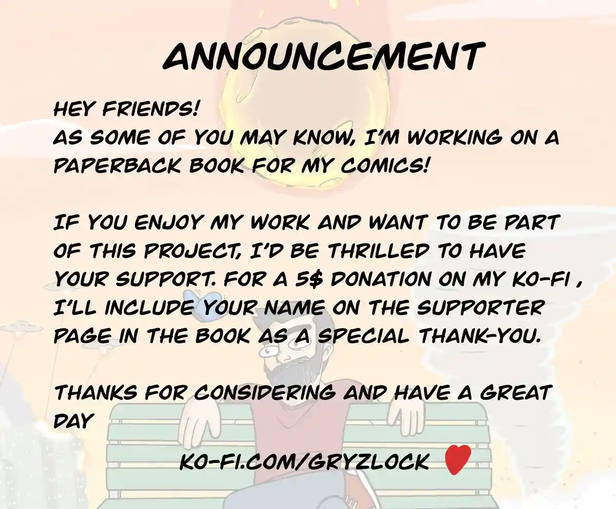 An illustrated announcement image features a cartoon man with a beard sitting on a bench, overlaid with text asking for $5…