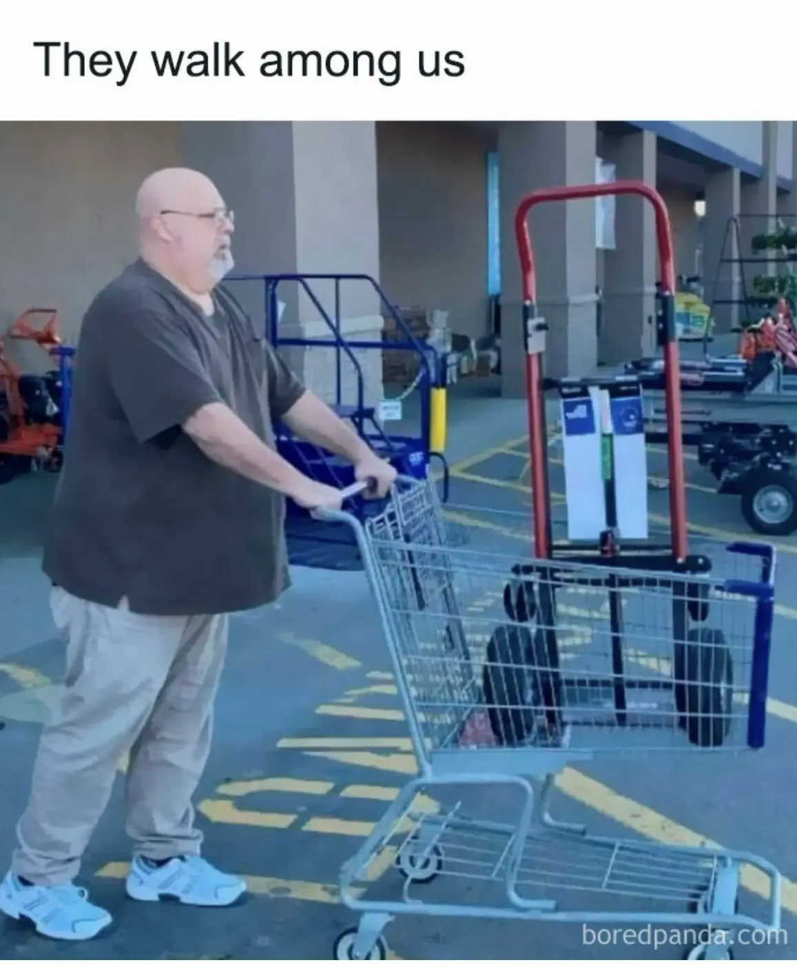 A bald man with glasses and a goatee pushes a standard metal shopping cart in a warehouse or store loading area. The cart is…