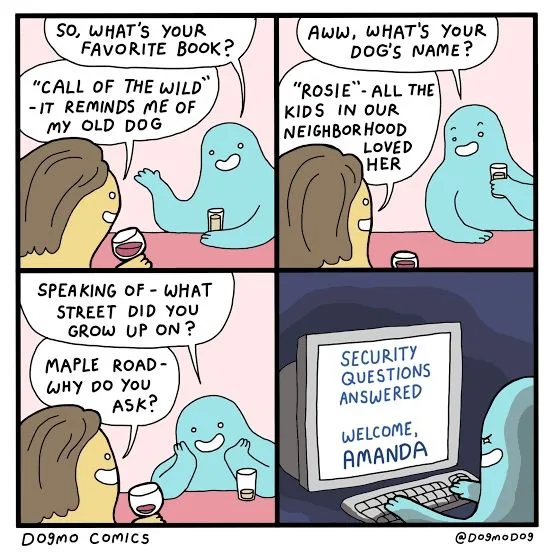 A four-panel comic shows a woman and a blue blob-like character chatting about books and dogs. The conversation escalates as…