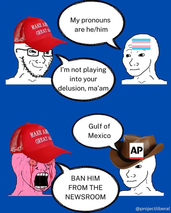 A two-panel meme featuring a man in a red 'Make America Great Again' hat. In the top panel, he tells a person with a trans…