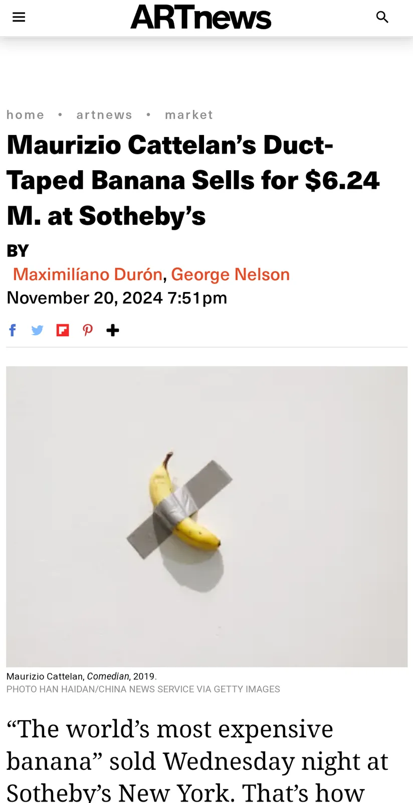 An image of a banana taped to a wall with duct tape, overlaid with a news article headline from ARTnews about Maurizio…