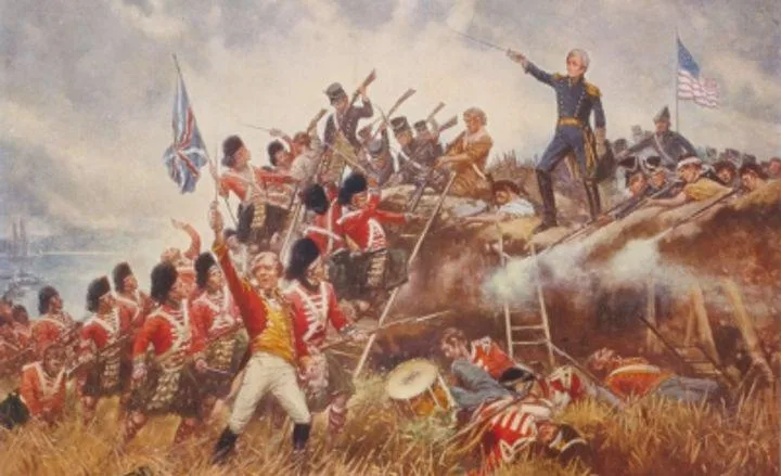 a historical painting depicts british soldiers in red coats attacking american forces at the battle of bunker hill, with a…