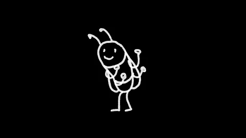 The image displays six simple white line drawings of cartoon bees on a black background, arranged in two rows of three. Each…