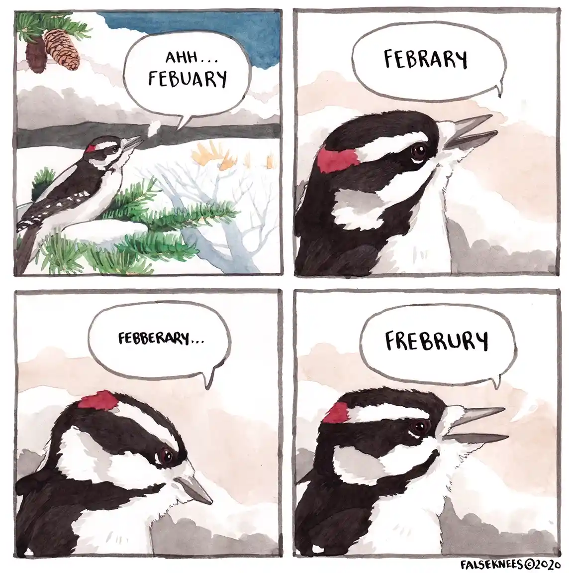 A four-panel comic strip featuring a cartoon woodpecker in a snowy winter landscape. The bird repeatedly mispronounces the…