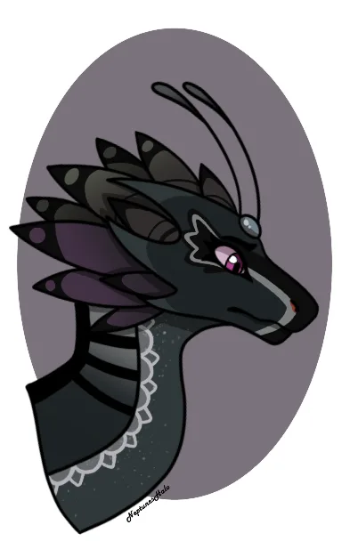 A stylized cartoon dragon with dark grey and purple scales, antennae, and a lace collar, shown in profile against a grey…