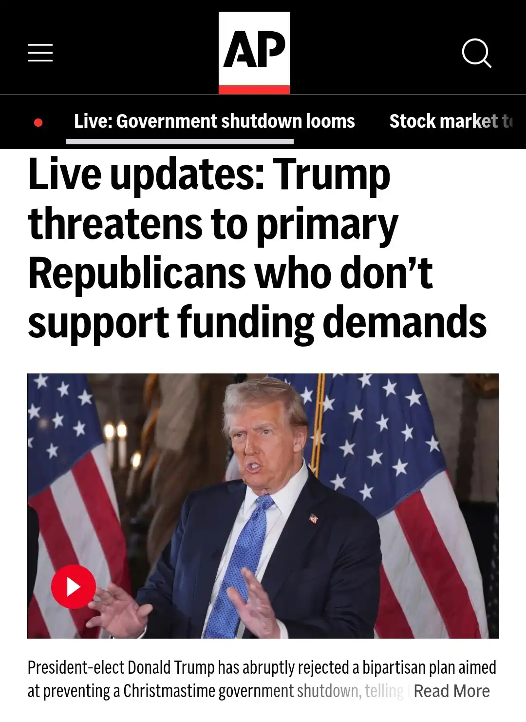 An Associated Press news screenshot shows a headline about Donald Trump threatening to primary Republicans who don't support…