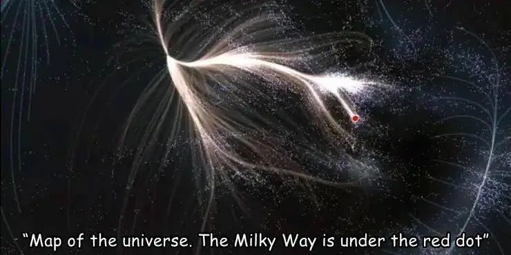 A cosmic map image showing swirling filaments of galaxies against a dark background, with a small red dot marking a…