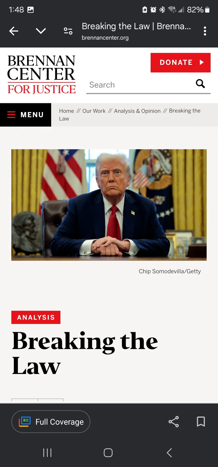 A screenshot of a mobile web page from the Brennan Center for Justice shows a photo of Donald Trump sitting at a desk with…