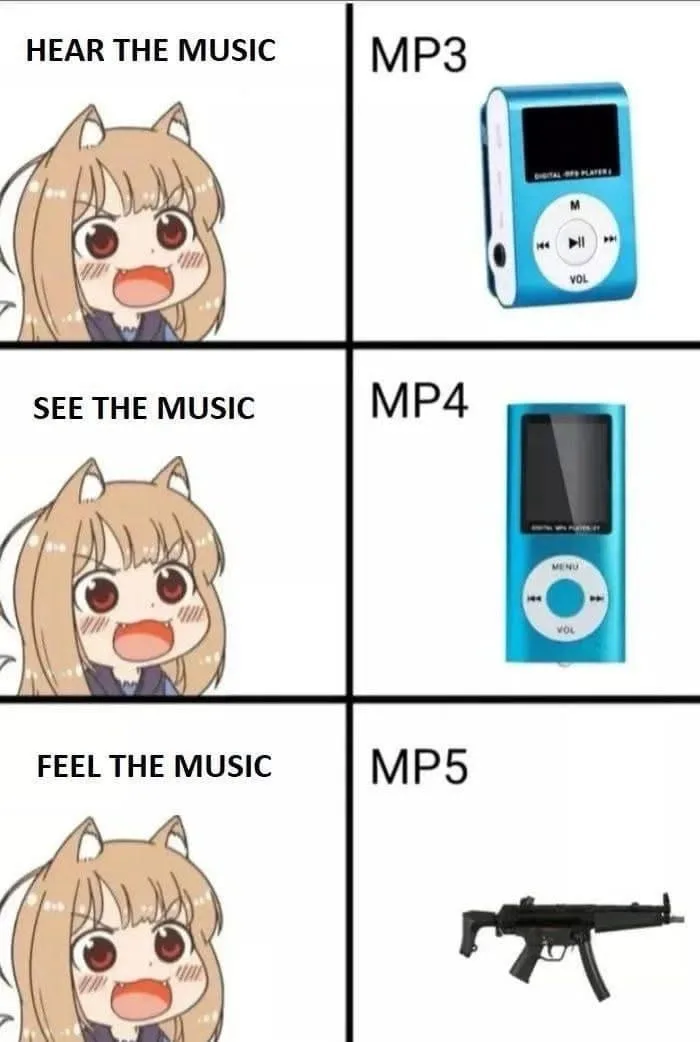 A four-panel grid shows a cartoon girl with cat ears and an excited expression in the left three panels, each labeled 'HEAR…