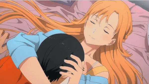 Six panels show an anime girl with long orange hair gently holding a black-haired person's head while lying in bed. The girl…