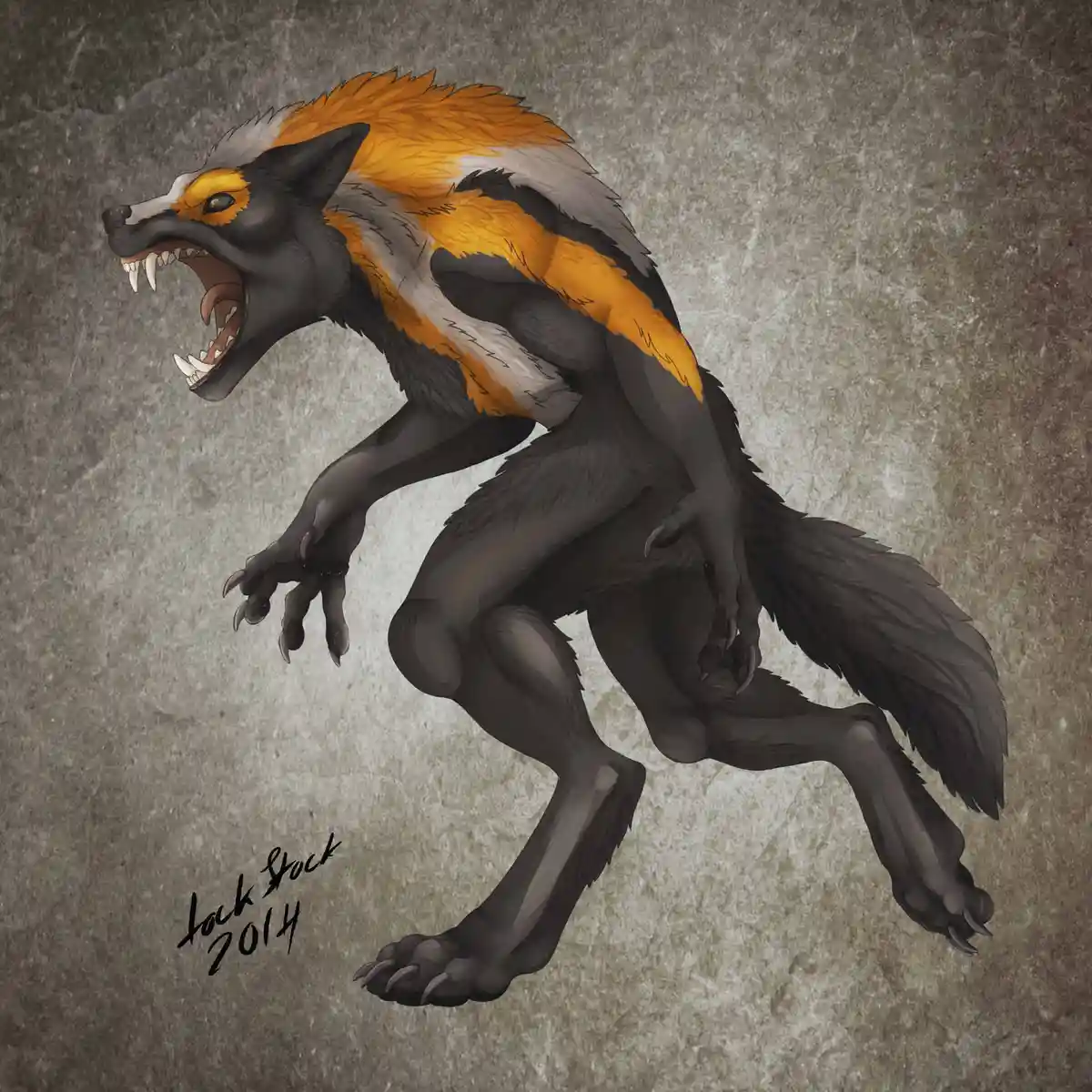 A digitally illustrated anthropomorphic wolf with black fur, orange and white markings on its back and face, and sharp…