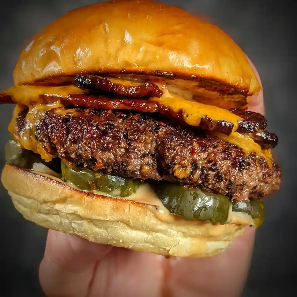 Indulging in a delicious bacon cheeseburger!