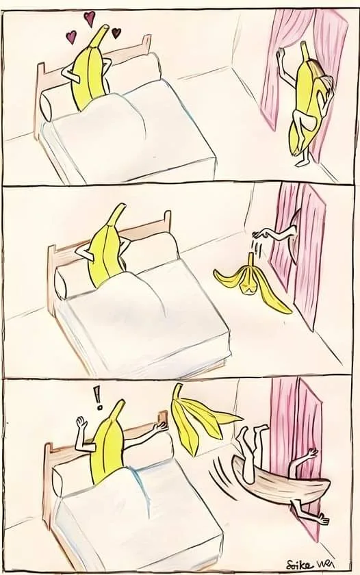 A three-panel comic strip shows a cartoon banana character in bed, then peeling itself, then falling off the bed and flying…