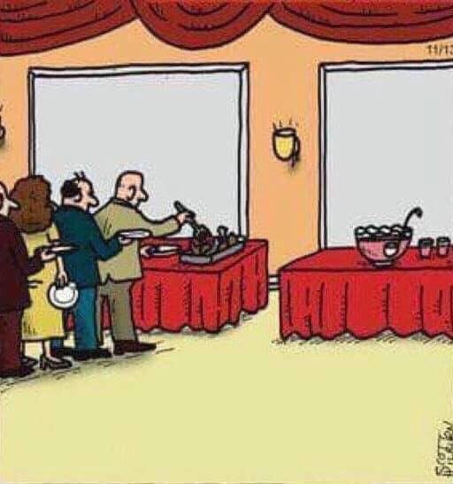 A cartoon depicts a line of people waiting at a buffet table, while one man in a beige suit stands at the front, using a…